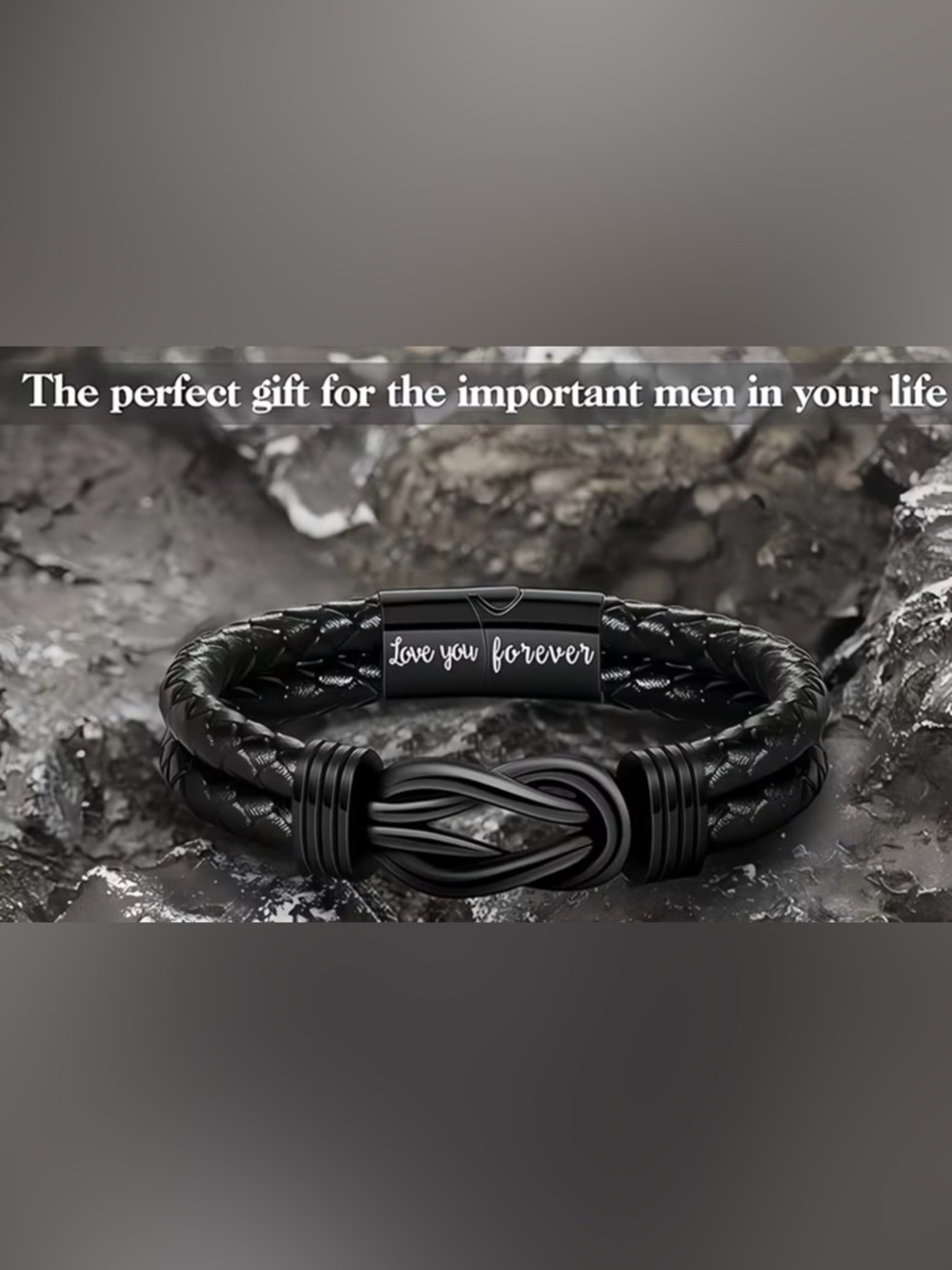 Men's Black 'Love You Forever' Stainless Steel Leather Bracelet